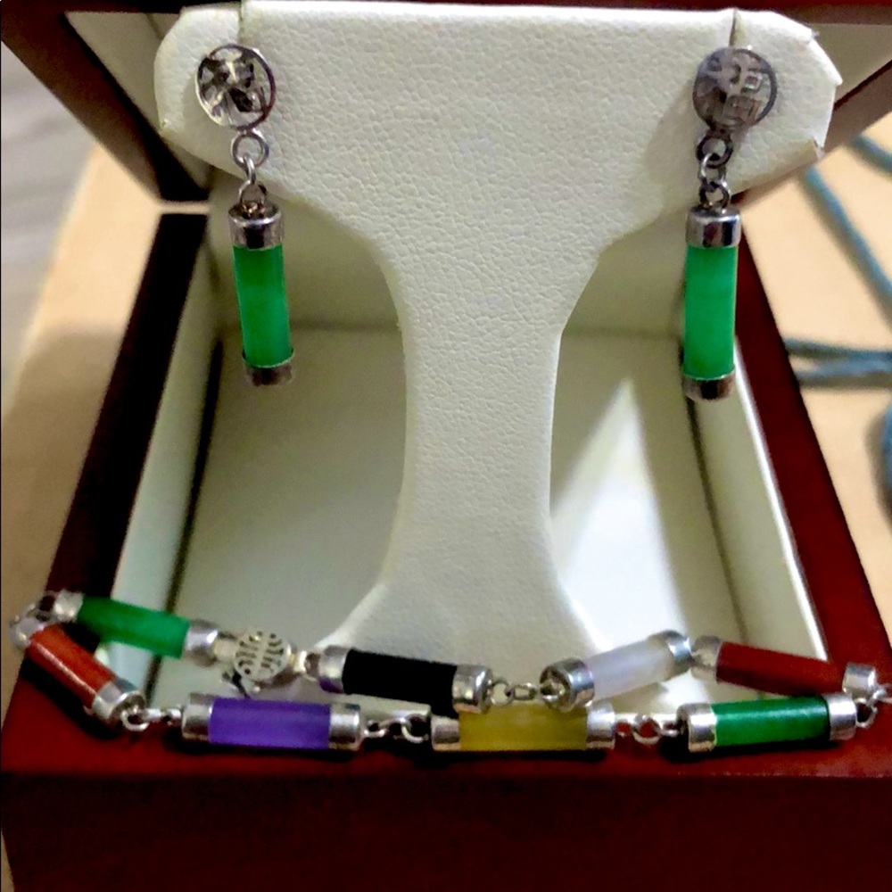 925 Silver multi-color Jade bracelet and earrings